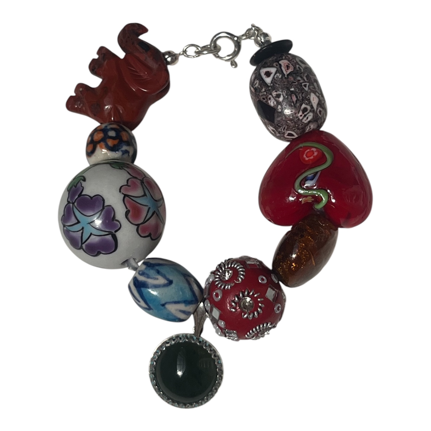 Muse handmade bracelet — painted ceramic, Murano glass, amber glass, carved stone and jade pendant, finished with silk ribbon