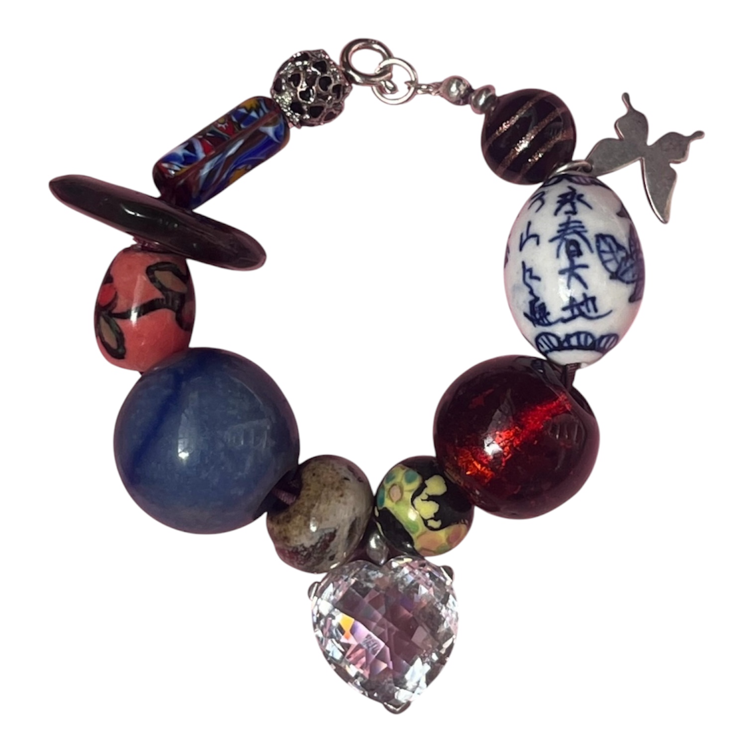 Desir handmade bracelet — white crystal heart pendant, sterling silver, Chinese porcelain, Murano glass, angelite, and jasper beads, finished with dyed silk ribbon